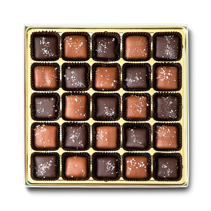Smooth, buttery caramel enrobed in our delicious Belgian Milk or Dark Chocolate and finished with a touch of Sea Salt.  Boxed